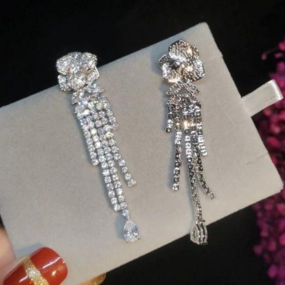 Crystals Rose Flower Long Short Tassels Earring - Picture 5 of 6